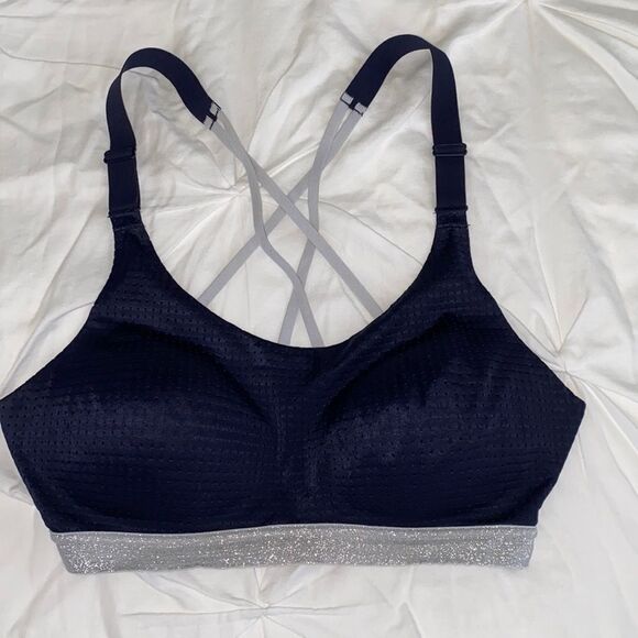 Victoria's Secret Sport Navy Blue Silver Sparkle Glitter Shimmer Strappy Bra - Picture 2 of 16